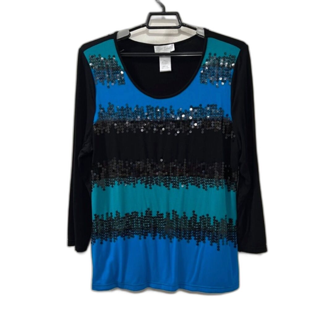 Great Cavalier Blue Black Sequined Scoop Neck Long Sleeve Viscose Spandex Top XL